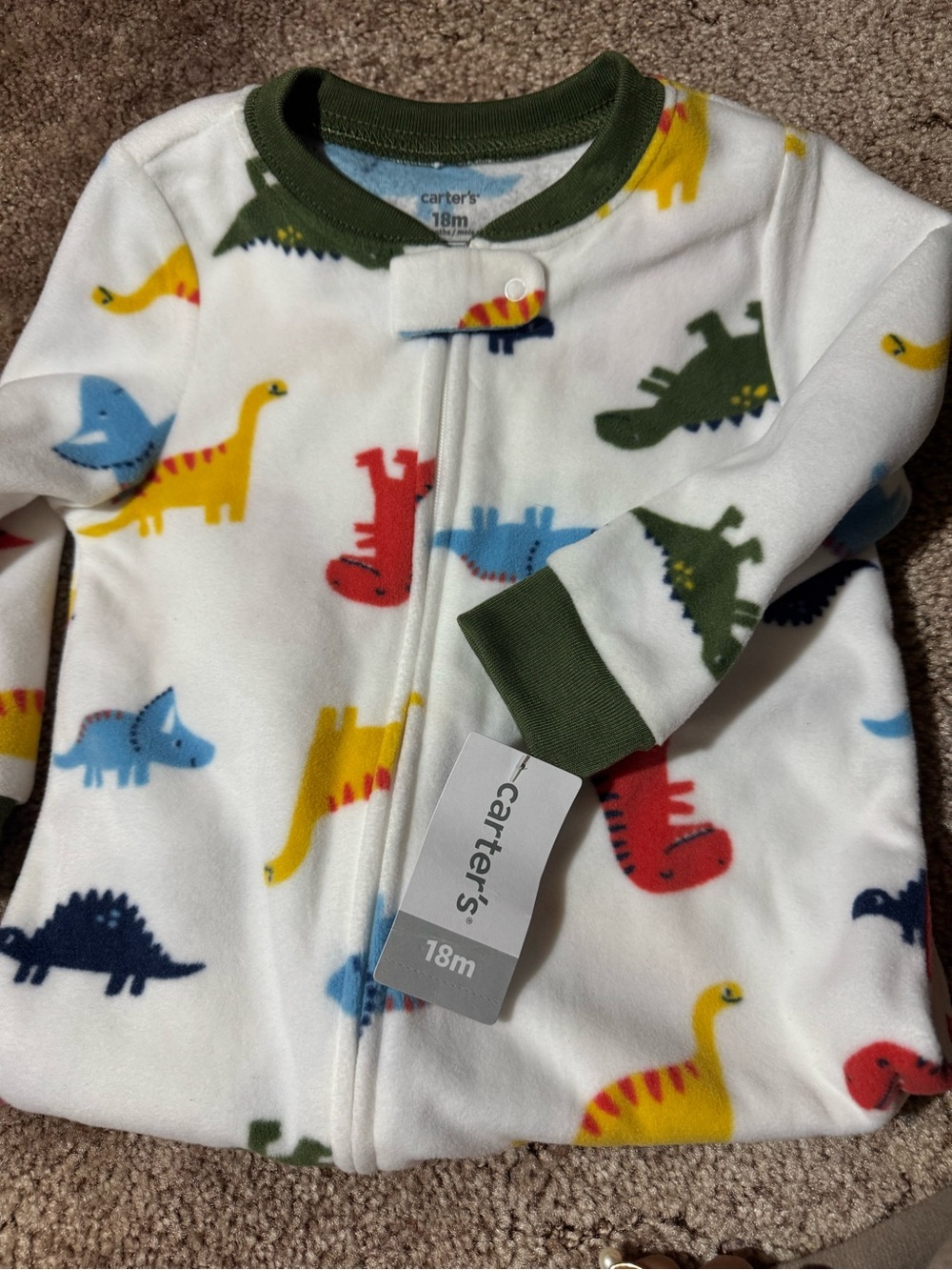 Carter's White Fleece Footie with Colorful Dinosaur Print and Green Trim 12-18m
